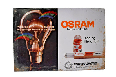 Retro Industrielle Beleuchtungsschild Osram Genelec India Metall Werbetafel 10x7