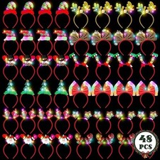 48 Pcs Christmas Light Up Headband, Reindeer Antler Santa Hat Christmas Tree Bow