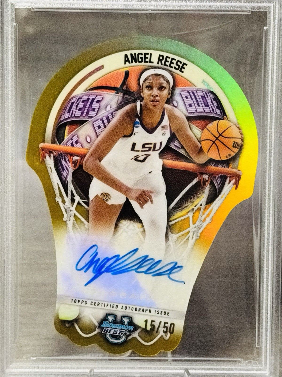 🏀ANGEL REESE 2023-24 Bowman Best U. Buckets Die-Cut True Gold Auto /50 #PSA 9🏀 view 2