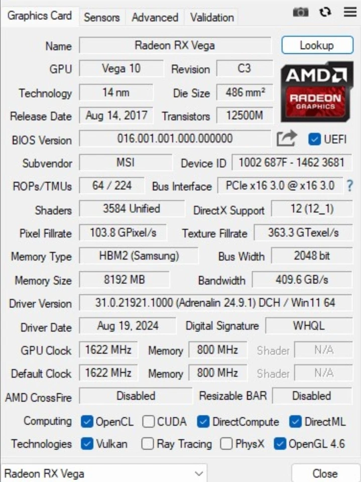 MSI Radeon RX Vega 56 Air Boost OC - 8GB Samsung HBM2 PCI Express x16 Video Card - Image 3 of 3