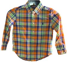 Ralph Lauren Boys Plaid Button Down Shirt Size 5 Orange Blue Cotton Pony Logo