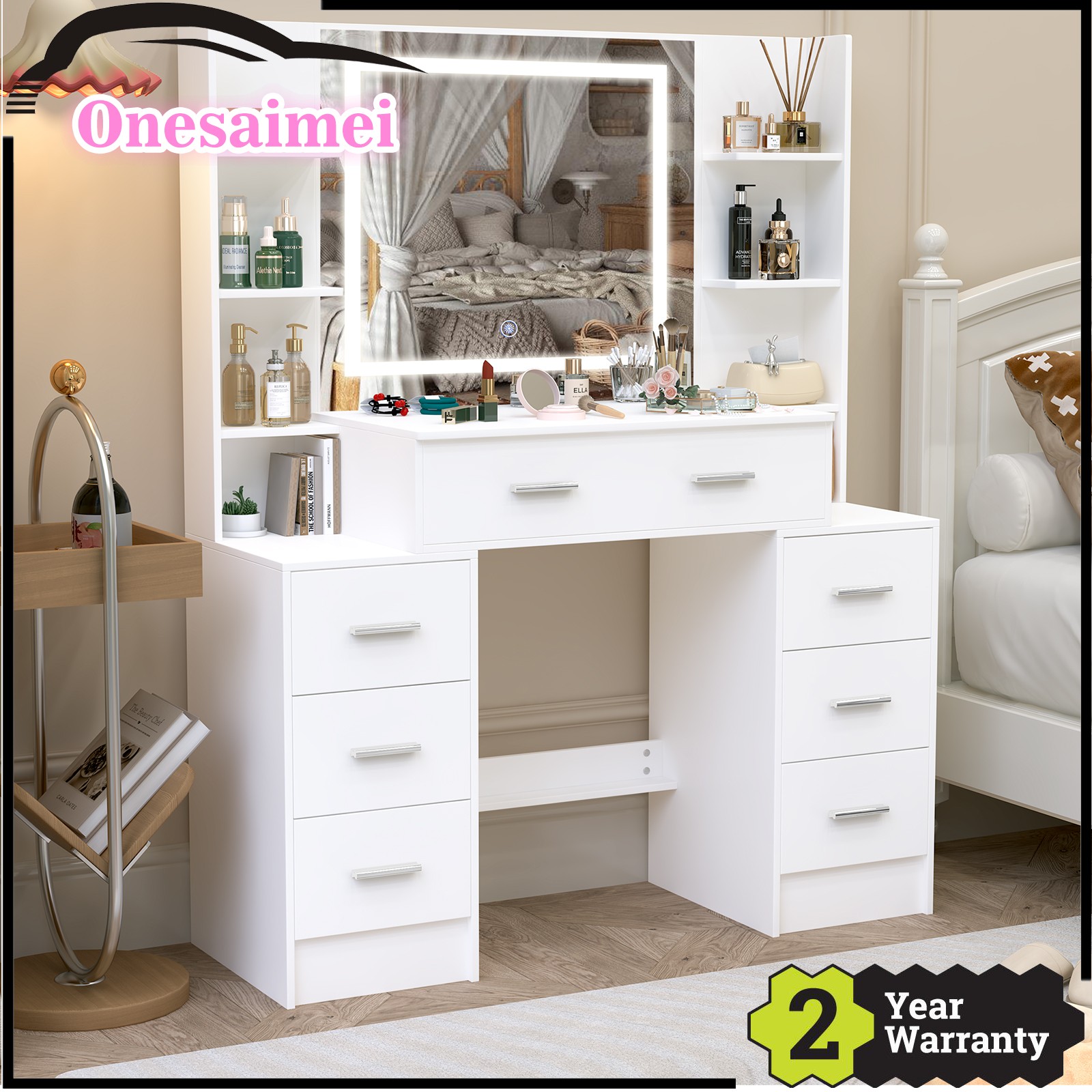 Dressing Table, Makeup Table with 7 Drawers, Vanity Desk with Led Lights Mirror