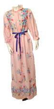 70's SEARS Pink Floral Print Belted Maxi Robe Dressing Gown Loungewear Nightie M