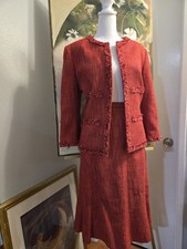 Kasper Red Tweed Skirt Suit Set Open Fron Frayed Edges Semi trumpet skirt Size12
