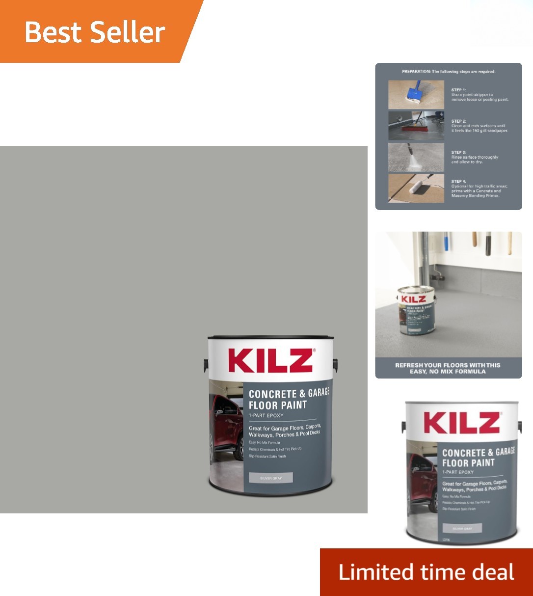 1-Part Epoxy Concrete Floor Paint - Silver Gray, 1 Gallon, Satin Finish
