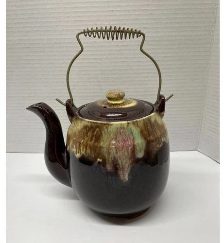 VTG McCoy Ceramic Brown Drip Pottery "Tea Pot" Marbled Glazed Cookie Jar.
