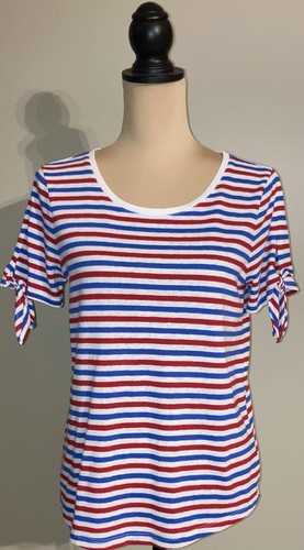 Women's Petite Talbots Short Tie Sleeve Red, White, Blue Striped Top, Medium PM - Picture 2 of 8