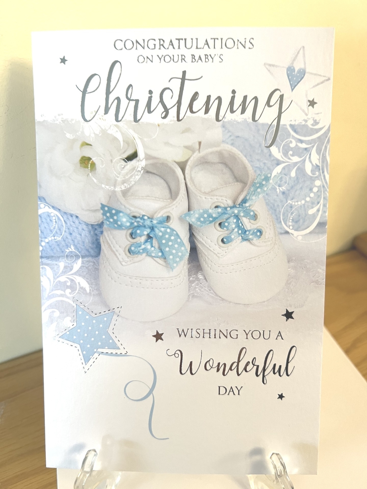 Christening Card Boy - Foil Finish - Cherry Orchard 5.2"" x 8.2""