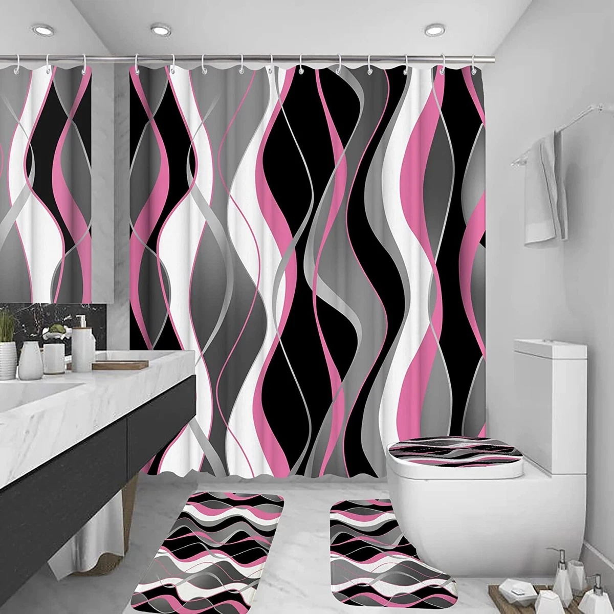 4Pcs Pink Shower Curtain Sets with Non Slip Rugs Toilet Lid Cover