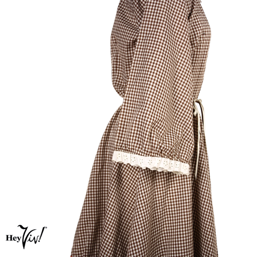 Vestido Pradera Malco Modes Vintage Marrón Blanco Cuadros Ric Rac Borde Ojales Talla 14 - Imagen 4 de 9