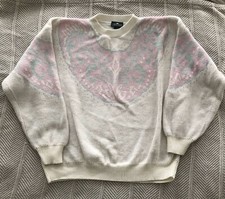 Pastel Sweater Cabin Creek Acrylic White Pink Teal Slouchy Sz Lg 90s BARBIECORE