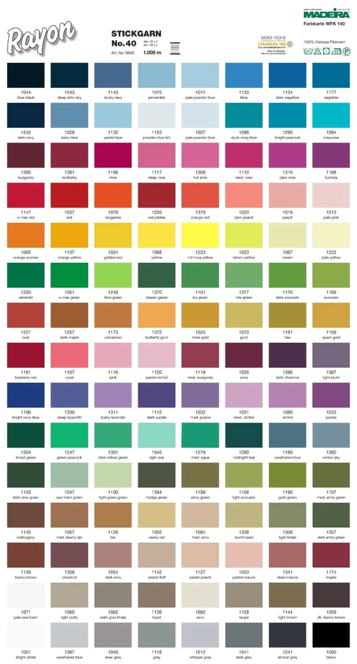 0,63€/100m | Madeira Stickgarn Rayon 40 auf 1000 mtr.-Spulen 100 % Viskose