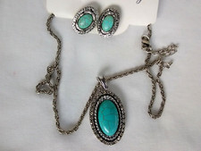 Ethnic Tribal Boho Faux Turquoise Pendant Necklace Earrings Set 18" Gift NWT US