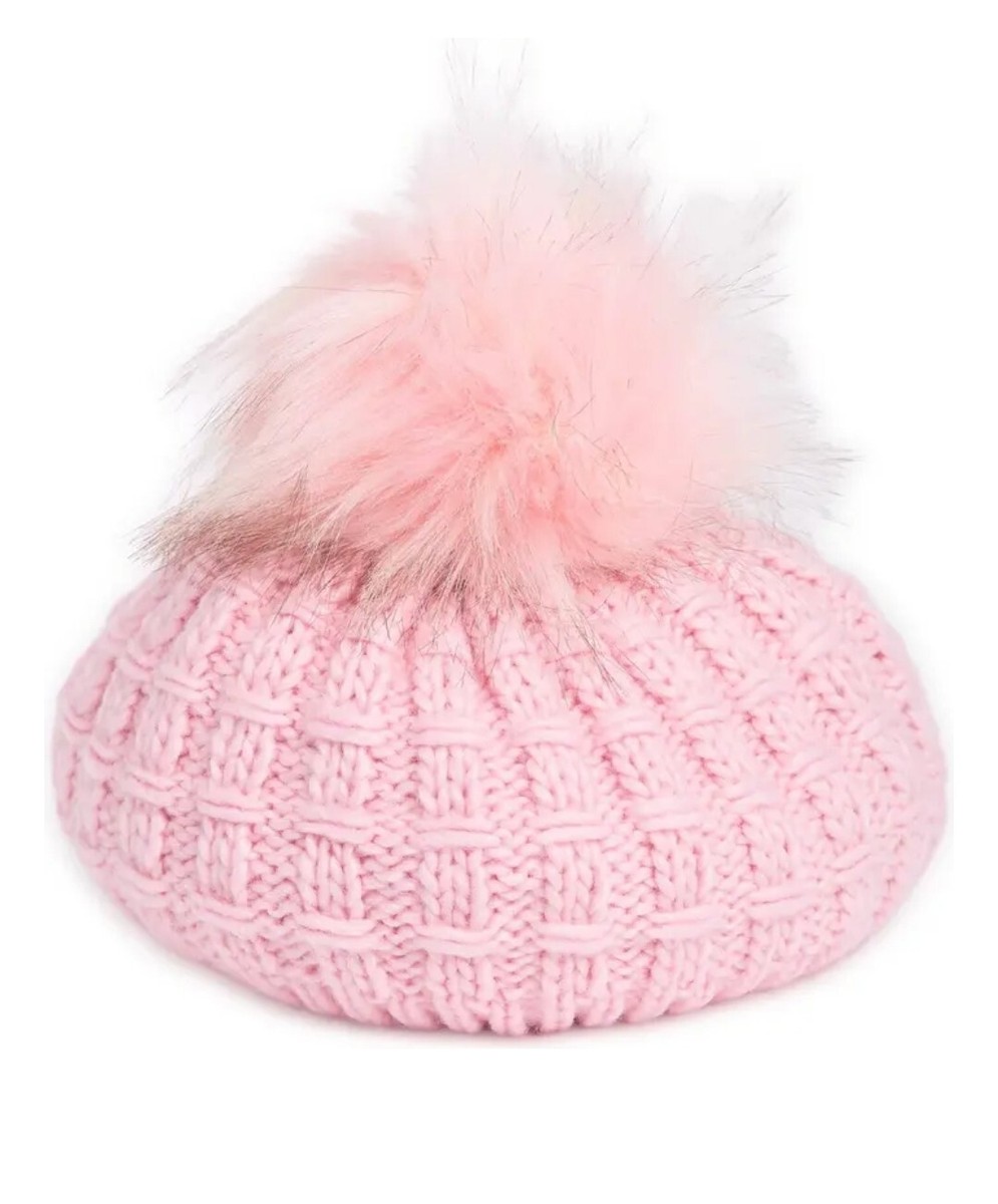 KYI KYI Cable Knit Beret With Faux Fur Pom NEW Pink Beanie Hat KYI KYI Wool Blend Pink Beret Beanie Hat Cable Knit Pom One  main image 2