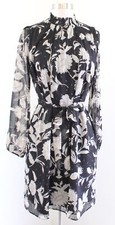 Ann Taylor Black Baroque Floral Smocked Mock Neck Tie Waist Shift Dress Size XS