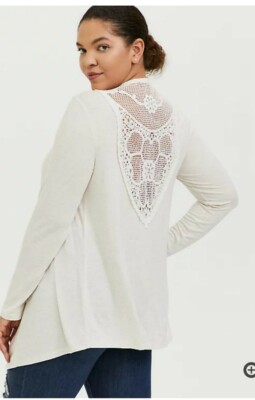 NWT Torrid Plus Size 00 SUPER SOFT OATMEAL CROCHET BACK HI-LO CARDIGAN 