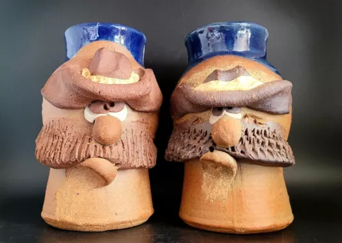 Vintage Hand Made Artist Signed Ugly Face Mug With Hat 2 Coffee Or Beer Mugs
