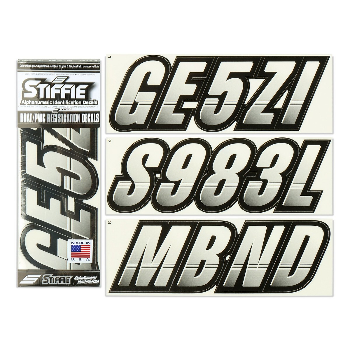 Stiffie Techtron TT66 Boat/PWC Registration Decal – White/Carbon – Letters & Numbers