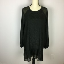FOREVER 21 Womans Sz L Large Black Silver Shift Dress Ruffle Hem Long Sleeve A8