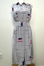 VTG LARUSE 1980s Womens SMALL Gray Multicolor Shapes Geometric SHIRT DRESS Read