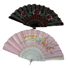 Lot Of 2 Vintage Women  s Folding Hand Fans Embroidered Fabric Pink Black 3687