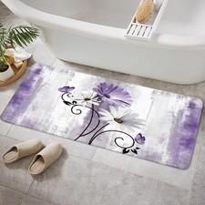 Rustic Farmhouse Bath Mat, Farm Purple Daisy Floral Flowers Butterfly Country...