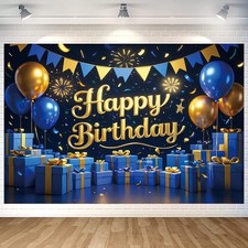 Blue Gold Happy Birthday Backdrop Banner 70.8 x 47.2 Inch,
