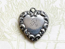 Vintage Sterling Heart Charm with Repousse Swirl Edge & Engraved “R” Initial