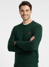Mens Heavyweight 5GG -100% Cotton Cable Knit Jumper - Crew Neck  - Forest Green