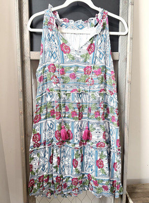 THML Floral Boho Tiered Sleeveless Babydoll Dress XL Tassel Lined Resort