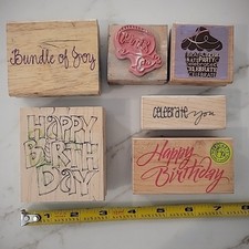 Lot Of 6 Happy Birthday, Celebrate, Baby, Hugs, Cake Wood Mounted Rubber Stamps