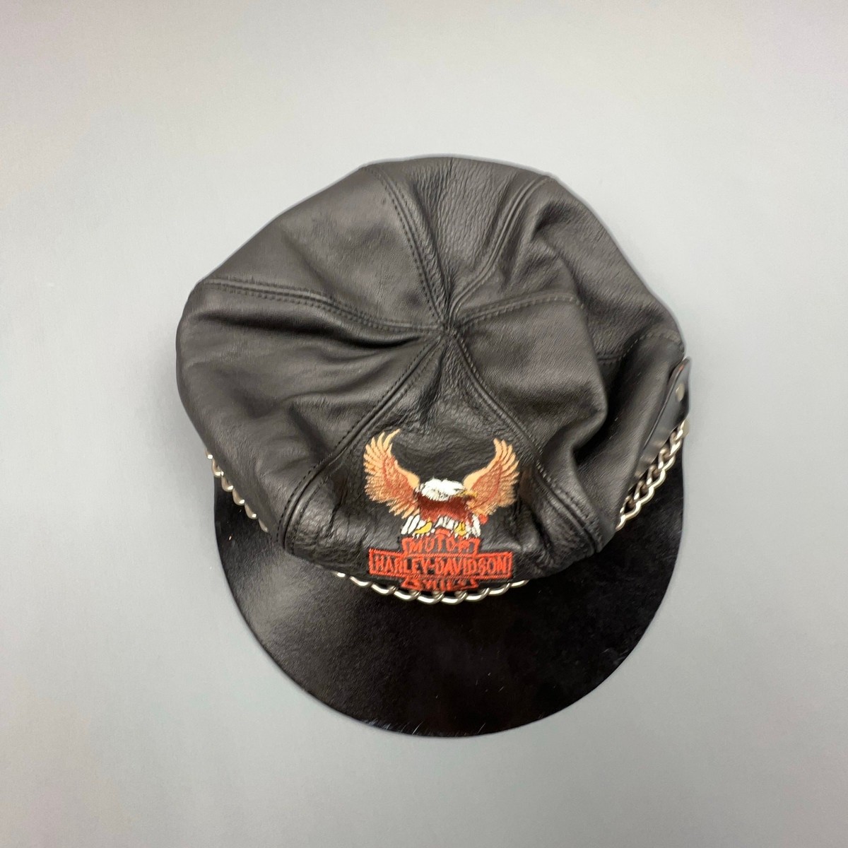 Vintage 80s Harley-Davidson Leather Chain Biker Hat Eagle Logo