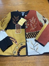 Indigo Moon Blazer Jacket Women Large Linen Blend Patchwork Tapestry Artsy