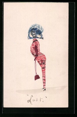 Dame mit Hut, Briefmarkencollage, Lost, Ansichtskarte 