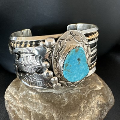 Blue Turquoise Navajo Sterling Silver Cuff Bracelet 12K Gold