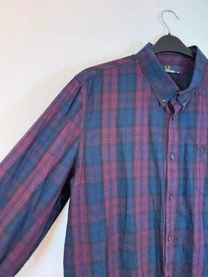 Fred Perry Y2K Herren Hemd Pflaume/Marine Karo XXL Baumwolle Retro Smart