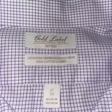 Roundtree Yorke Gold Label Shirt 17/34 White Purple Check Plaid NonIron Cotton