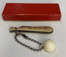 Vintage Bat Keychain Pocket Knife MY BEST FOR GOD USA W/Box