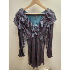 Free People Ruffle Floral Print V Neck Long Sleeve Mini Dress Teal Pink Size 4
