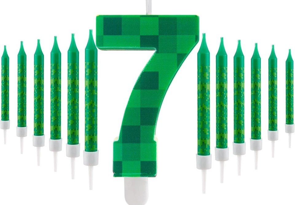 13Pcs Pixelis Anniversaire Bougie 7 ans, Thème Pixel Vert pour Gâteau - Photo 1/1