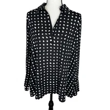 Pleione Women’s Medium Black & White Polka Dot Blouse Top Long Sleeve V-Neck