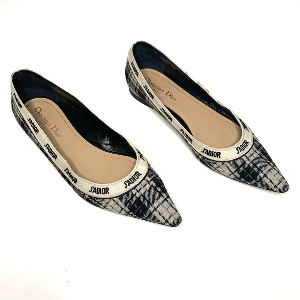 Plats Dior J'Adior imprimé tartan laine pointu logo bordure ruban EU 39 US 9 noir