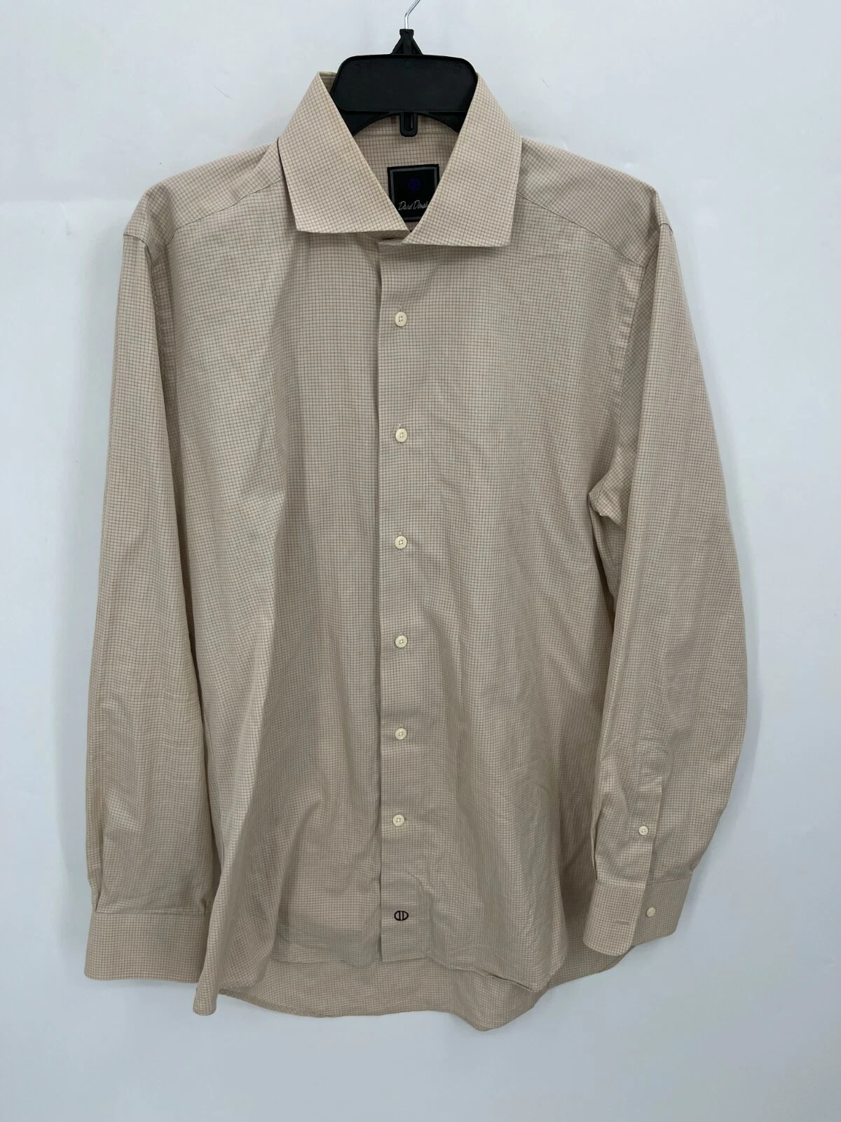 David Donahue Dress Shirt Mens 16 36 Beige Gingham Long Sleeve Button Up Trim