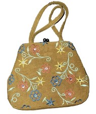 Vtg Womens Brown Floral Embroidered Boho Prairie Peasant Small Purse With Clasp