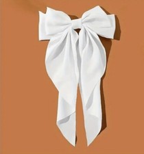 White Satin Stylish Bow with Big Ribbon Hair Clip All Hair Types Non Slip