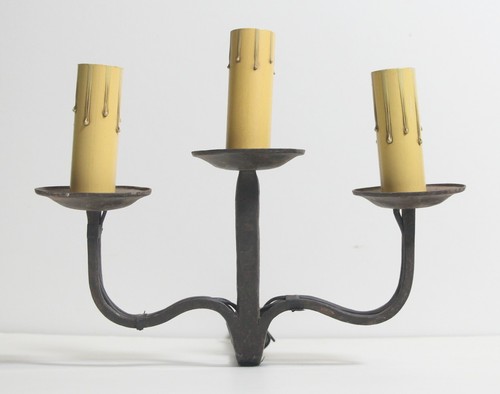 Antique 3 Arm Wrought Iron Primitive Wall Sconce - Picture 2 of 9