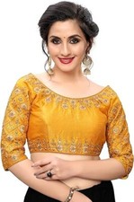 Women's Embroidered Indian Ethnic Phantom Silk Readymade Blouse With Round Neck