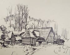 Original Pen & Ink , 'Weatherboarded Barns' , Hilda Burford (1887-1957)
