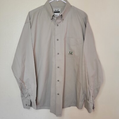 WRANGLER RIATA Shirt Men XL Khaki Western Button-Up Crest Embroidered Cowboy