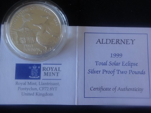 1999 SILVER PROOF ALDERNEY £2 COIN BOX + COA TOTAL SOLAR ECLIPSE - Picture 5 of 6